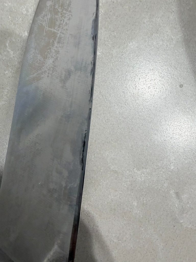 Close-up of the marker test when learning how to sharpen a japanese knife
